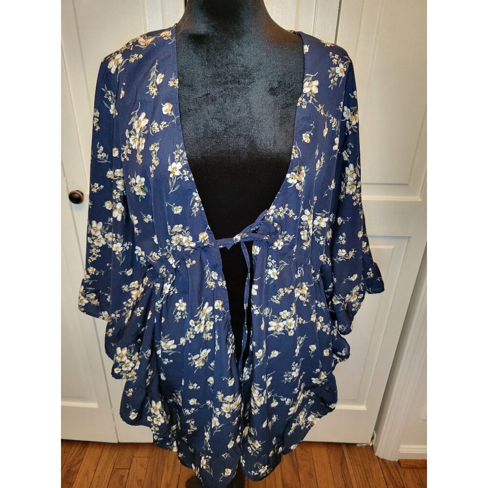 Navy Floral Ruffled Tie Front Kimono Cardigan Flowy Fit sz S/M Cottagecore Boho